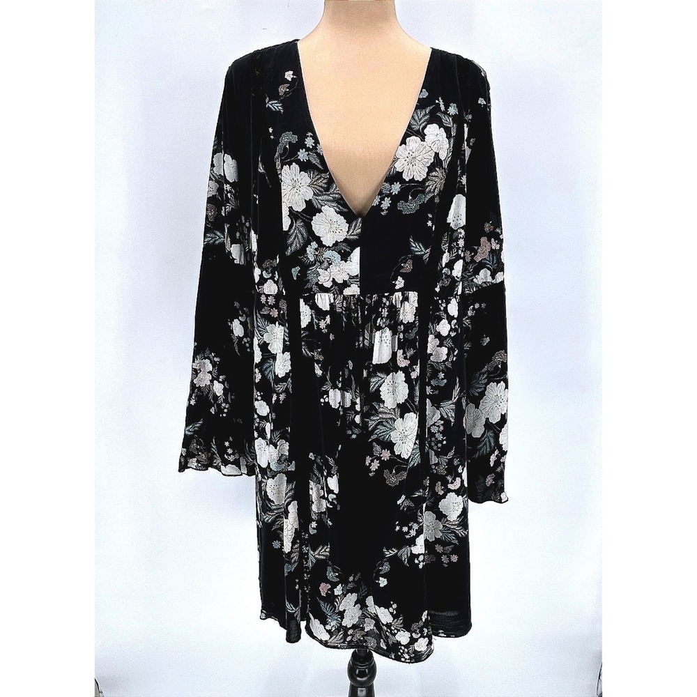 Love Johnny Was Black Floral V-Neck Bell Sleeve Mini Dress XL Boho Over-Size - Picture 3 of 14
